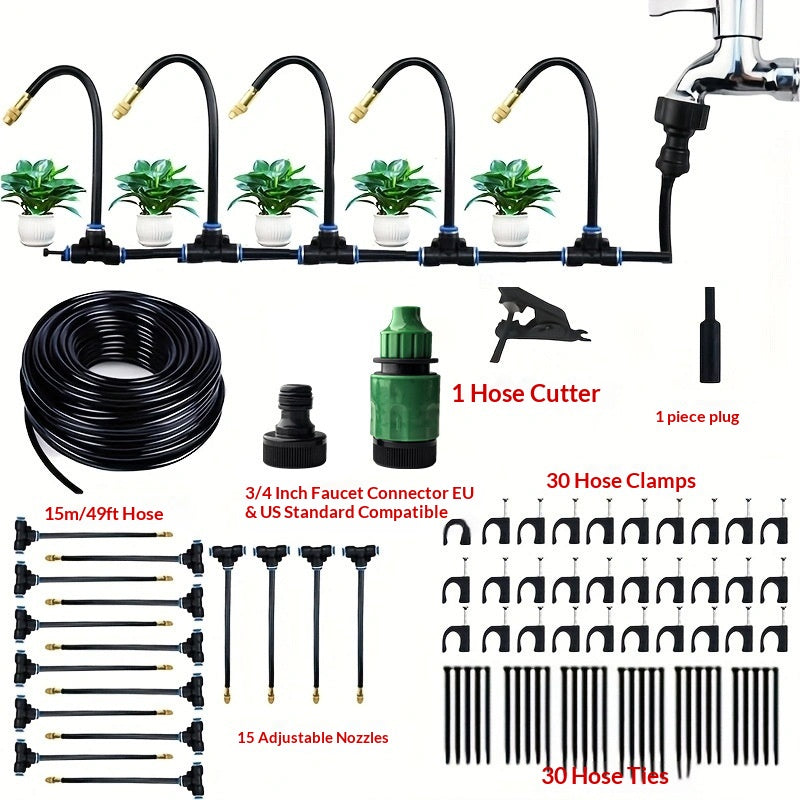 DIY Drip Irrigation Kit with Hose, Nozzles & T-Connectors (Plastic/Metal)