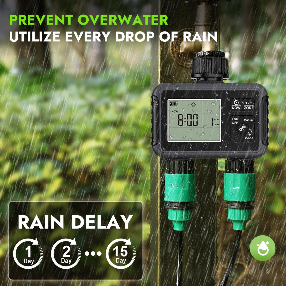 Dual-Outlet Water Valve Timer Smart Irrigation Controller (3/4 in BSP)