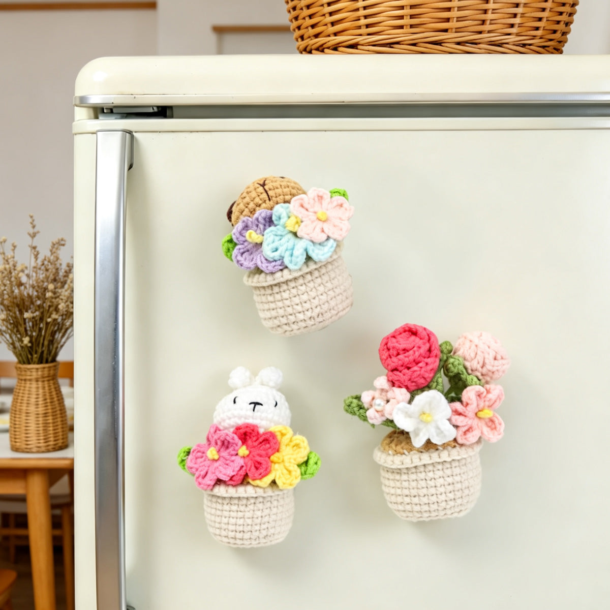 Handmade Crochet Animal Potted Flower Ornament Set (3-Piece)