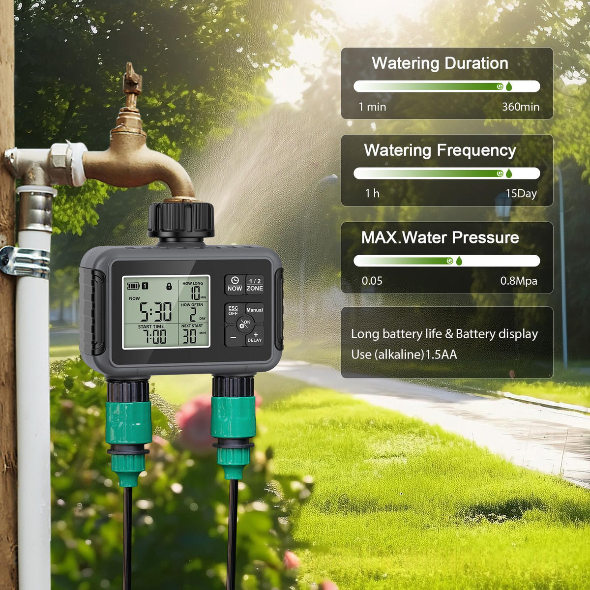 Dual-Outlet Water Valve Timer Smart Irrigation Controller (3/4 in BSP)