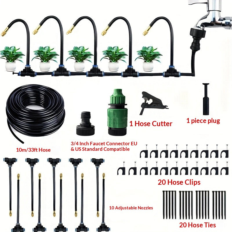 DIY Drip Irrigation Kit with Hose, Nozzles & T-Connectors (Plastic/Metal)