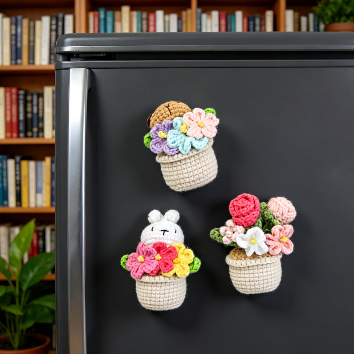 Handmade Crochet Animal Potted Flower Ornament Set (3-Piece)