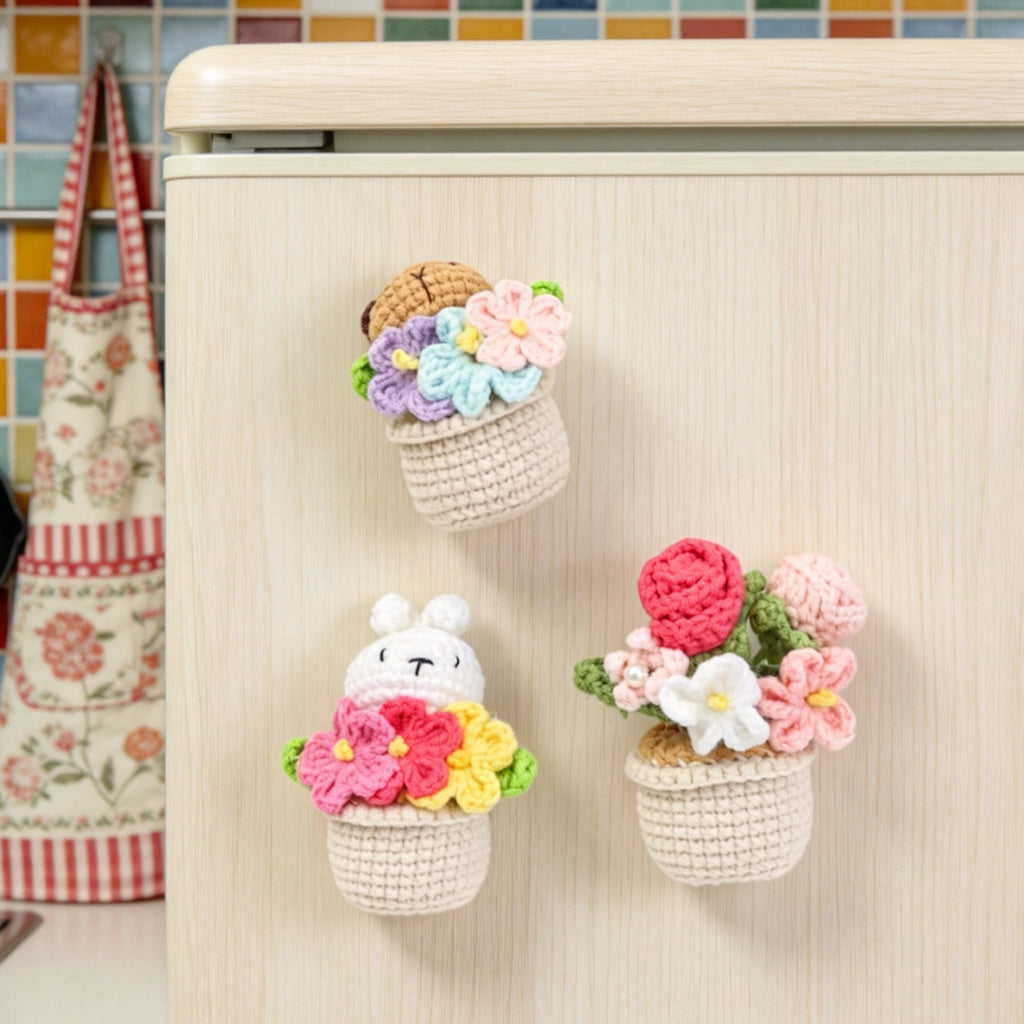 Handmade Crochet Animal Potted Flower Ornament Set (3-Piece)