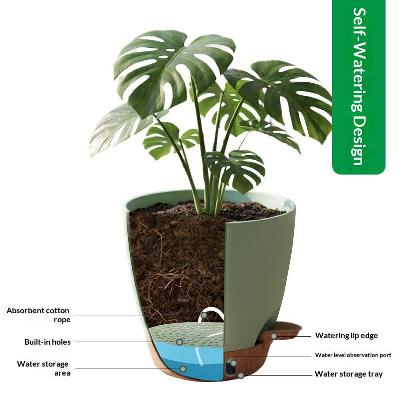 Self-Watering Plastic Flower Pot with Wick & Spout