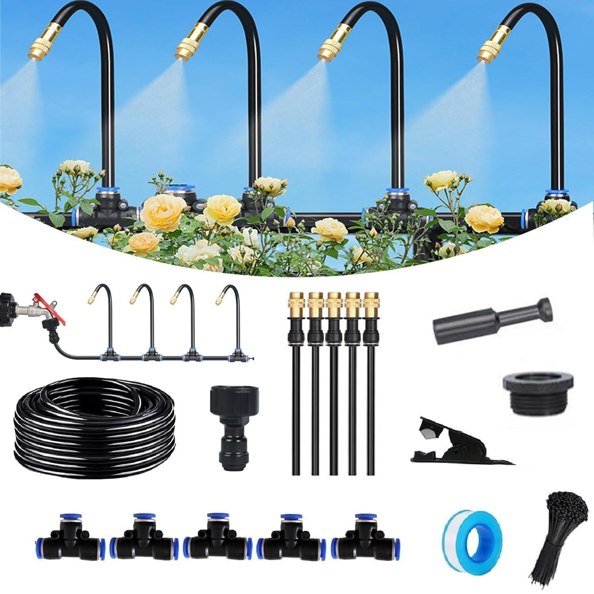 DIY Drip Irrigation Kit with Hose, Nozzles & T-Connectors (Plastic/Metal)